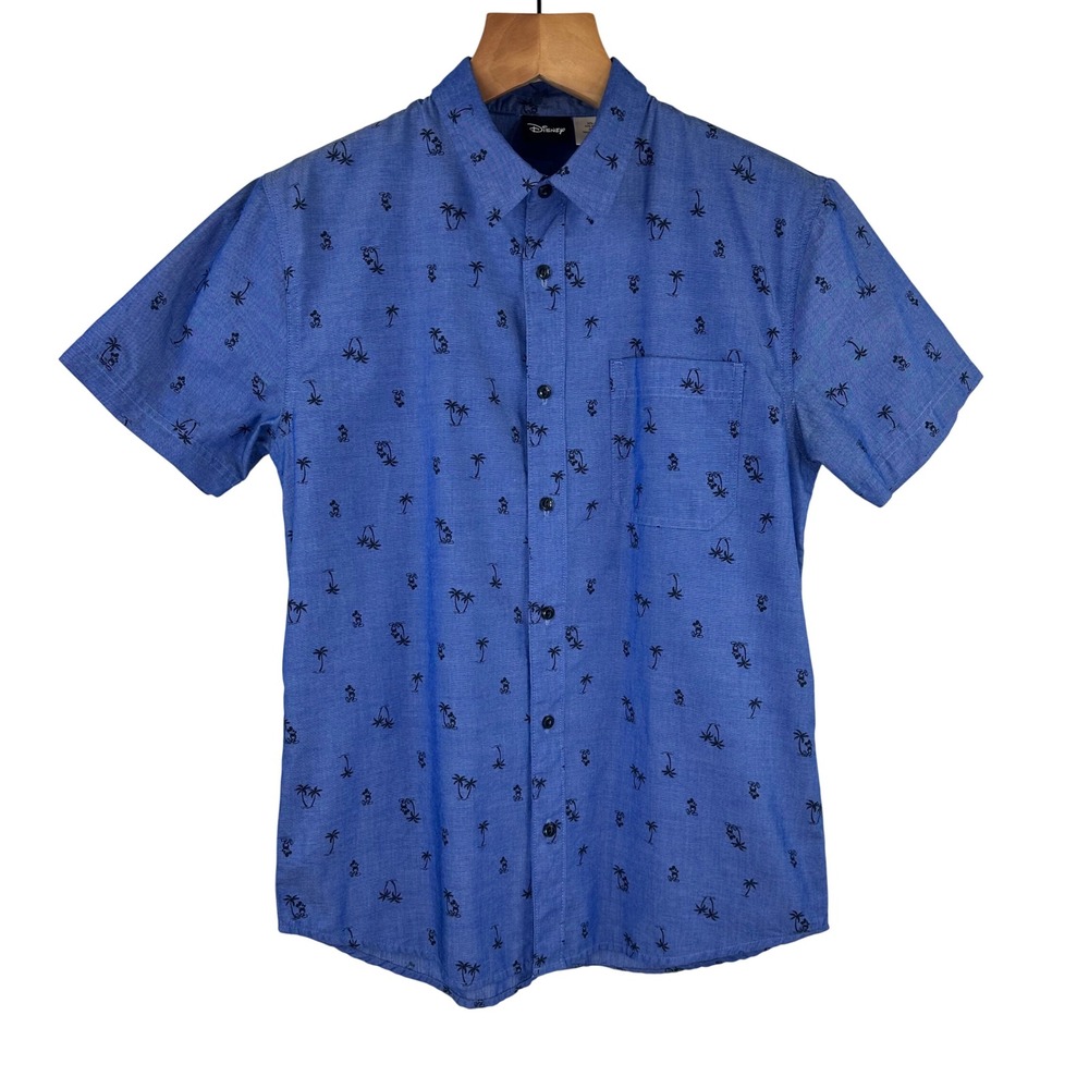 Disney Mickey Mouse Palm Tree Button Down Short Sleeve Shirt Blue Mens Medium